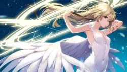 Rule 34 | 1girl, angel, angel wings, armlet, armpits, arms up, blonde hair, blue eyes, blush, bracelet, breasts, covered navel, cowboy shot, dress, feathered wings, floating hair, halo, jewelry, light particles, long hair, looking at viewer, medium breasts, ne-on, original, parted lips, sidelocks, sleeveless, sleeveless dress, solo, white wings, wind, wings