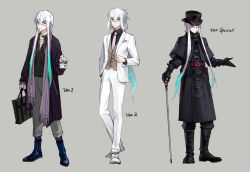 Rule 34 | 3boys, alternate costume, aqua hair, asclepius (fate), bad id, bad pixiv id, cane, capelet, changye, fate/grand order, fate (series), formal, glasses, gloves, green eyes, grey background, hair between eyes, hat, id card, long coat, long hair, male focus, multicolored hair, multiple boys, necktie, sidelocks, stole, streaked hair, suit, top hat, white hair, white suit