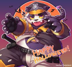 Rule 34 | 1boy, absurdres, alp (housamo), animal ears, animal nose, bat (animal), belly, belt, black necktie, braid, claws, colored sclera, colored tips, fangs, fangs out, fingernails, furry, furry male, gradient background, happy halloween, hat, highres, long hair, looking at viewer, male focus, moon, multicolored hair, multicolored necktie, necktie, orange background, orange moon, orange necktie, panda boy, panda ears, plump, police, police hat, police uniform, purple background, purple eyes, purple fur, purple hair, sharp fingernails, shirt, simple background, solo, studded belt, tokyo houkago summoners, tongue, tongue out, twitter username, two-tone fur, uniform, upper body, white fur, yedsilent, yellow sclera