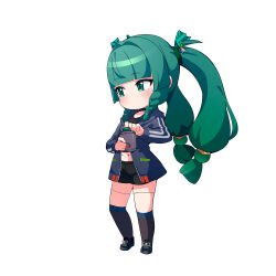 1girl ame. android black_choker black_footwear black_shorts black_socks blue_jacket braid chibi choker closed_mouth commentary_request full_body green_eyes green_hair highres holding hood hood_down hooded_jacket jacket kneehighs long_hair navel open_clothes open_jacket qingyi_(zenless_zone_zero) shoes shorts side_braids simple_background socks solo standing twin_braids twintails very_long_hair white_background zenless_zone_zero