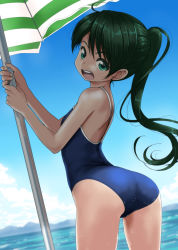 Rule 34 | 1girl, ahoge, arched back, ass, back, blue one-piece swimsuit, blue sky, blurry, blurry background, cloud, commentary request, competition school swimsuit, cowboy shot, day, depth of field, dutch angle, from behind, from side, green eyes, green hair, hair between eyes, head tilt, highres, holding, holding umbrella, long hair, looking back, mountain, ocean, one-piece swimsuit, open mouth, original, outdoors, parted bangs, ponytail, rohitsuka, round teeth, school swimsuit, sky, solo, striped, striped umbrella, swept bangs, swimsuit, teeth, thighs, umbrella, upper teeth only, wet, wet clothes, wet swimsuit
