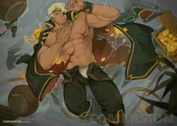 Rule 34 | 1boy, abs, absurdres, bara, bare pectorals, beard stubble, blonde hair, bulge, coat, coat on shoulders, dark-skinned male, dark skin, eugene kidd, facial hair, from above, gold, hand on own chest, highres, large pectorals, male focus, male pubic hair, male underwear, male underwear peek, mature male, muscular, muscular male, navel, nipples, open fly, original, pectorals, pirate, pubic hair, rain, red eyes, scar, scar on chest, short hair, solo, stomach, stubble, thick eyebrows, treasure chest, underwear, white male underwear, yamariceball