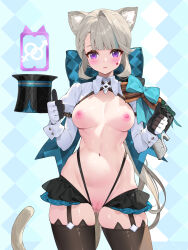 Rule 34 | 1girl, :o, animal ear fluff, animal ears, blush, bow, breasts, cat ears, cat girl, cat tail, censored, closed mouth, facial mark, genshin impact, grey hair, highres, long hair, long sleeves, looking at viewer, lynette (genshin impact), nipples, open mouth, purple eyes, pussy, pussy juice, solo, star (symbol), star facial mark, tail, topless, waterring