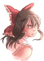 Rule 34 | 1girl, angry, bow, brown eyes, brown hair, hair bow, hair tubes, hakurei reimu, looking back, mefomefo, solo, touhou, white background