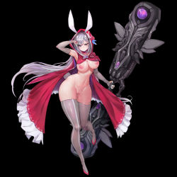 Rule 34 | 1girl, animal ears, arm up, baekto (last origin), blush, breasts, cloak, closed mouth, elbow gloves, feet, full body, functionally nude, gloves, groin, holding, holding weapon, hood, hoodie, large breasts, large weapon, last origin, long hair, looking at viewer, magical baekto, nail polish, navel, nipples, pink eyes, purple hair, pussy, pussy juice, rabbit ears, rabbit tail, simple background, solo, standing, tail, thick thighs, thighhighs, thighs, third-party edit, uncensored, weapon, wet
