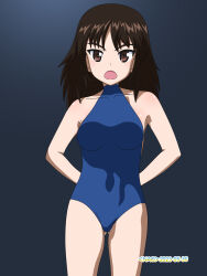 Rule 34 | 1girl, arms behind back, artist name, black hair, blue one-piece swimsuit, blush, breasts, brown eyes, collarbone, covered navel, dated, girls und panzer, highres, large breasts, long hair, looking at viewer, murakami (girls und panzer), naotosi, one-piece swimsuit, open mouth, shiny skin, simple background, solo, swimsuit
