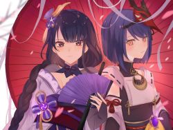 Rule 34 | 2girls, bad id, bad twitter id, bare shoulders, black hair, blurry, blurry background, blush, braid, branch, breasts, cleavage, closed mouth, commentary request, detached sleeves, falling petals, flower, folding fan, genshin impact, hand fan, highres, holding, holding fan, japanese clothes, jewelry, kimono, kujou sara, large breasts, long hair, looking at viewer, mask, mask on head, medium breasts, medium hair, mole, mole under eye, multiple girls, nail polish, necklace, nemui (1ta24), open mouth, parted lips, pearl necklace, petals, purple eyes, purple flower, purple hair, purple nails, raiden shogun, ribbon, sash, tassel, umbrella, vision (genshin impact), yellow eyes