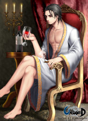 Rule 34 | 1boy, abs, bad id, bad pixiv id, barefoot, black hair, black joa, bottle, candelabra, candle, candlelight, candlestand, chair, cigar, crossed legs, cup, drinking glass, facial hair, goatee, highres, male focus, red eyes, scar, smoke, unleashed, wet, wine bottle, wine glass