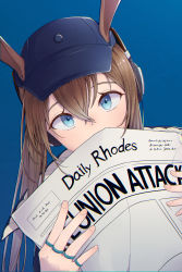 Rule 34 | 1girl, absurdres, amiya (arknights), amiya (newsgirl) (arknights), animal ears, arknights, bad id, bad pixiv id, blue background, blue eyes, blue hat, brown hair, commentary request, english text, hair between eyes, hank (gogaek), hat, headphones, highres, holding, holding paper, jewelry, long hair, looking at viewer, official alternate costume, paper, rabbit ears, ring, sidelocks, simple background, solo, thumb ring, upper body