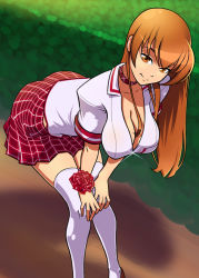Rule 34 | 1girl, bent over, breasts, brown eyes, brown hair, choker, cleavage, deliciousorange, hands on own knees, hanging breasts, impossible clothes, impossible shirt, large breasts, long hair, looking at viewer, outdoors, plaid, plaid skirt, pleated skirt, school uniform, shirt, skindentation, skirt, smile, solo, tentacle bento, thighhighs, white thighhighs, zettai ryouiki
