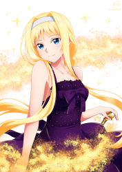 Rule 34 | 1girl, alice zuberg, alternate costume, bare arms, bare shoulders, blonde hair, blue eyes, braid, breasts, closed mouth, collarbone, cowboy shot, dress, hair intakes, hairband, highres, ken-ji, long hair, looking at viewer, medium breasts, purple dress, sleeveless, sleeveless dress, smile, solo, sparkle, sparkle background, sword, sword art online, sword art online: alicization, very long hair, weapon, white hairband