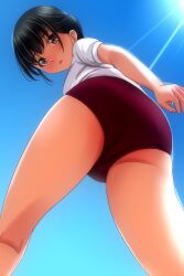 1girl ass black_hair blush brown_eyes buruma from_behind from_below gym_uniform light_rays looking_at_viewer looking_back looking_down matsunaga_kouyou open_mouth original ponytail red_buruma shirt short_hair short_sleeves sky standing sun sunbeam sunlight teeth white_shirt