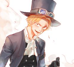 Rule 34 | 1boy, blonde hair, ascot, dust, formal, gloves, goggles, goggles on headwear, hat, looking at viewer, male focus, one piece, sabo (one piece), scar, solo, top hat, yamsong
