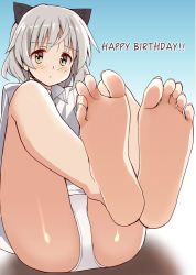 Rule 34 | 1girl, :c, animal ears, bad id, bad twitter id, barefoot, blush, cat ears, feet, foot focus, foreshortening, frown, glastonbury1966, gradient background, green eyes, happy birthday, highres, legs up, long sleeves, panties, pov, sanya v. litvyak, shadow, shirt, short hair, silver hair, sitting, soles, solo, strike witches, toenails, toes, underwear, white panties, white shirt, world witches series