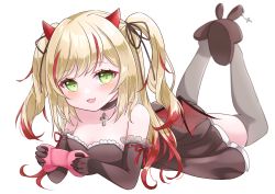Rule 34 | 1girl, absurdres, black ribbon, blonde hair, blush, breasts, brown dress, brown footwear, commentary, commission, controller, cross, demon girl, demon horns, demon wings, detached sleeves, dress, etya (vtuber), feet up, frills, green eyes, grey thighhighs, hair ribbon, highres, horns, indie virtual youtuber, long hair, looking at viewer, lying, medium breasts, multicolored hair, null maru, on stomach, open mouth, red hair, red horns, red ribbon, ribbon, skeb commission, smile, solo, strapless, strapless dress, streaked hair, the pose, thighhighs, twintails, virtual youtuber, white background, wings, zettai ryouiki