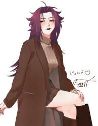 Rule 34 | 1girl, alternate costume, boots, breasts, brown coat, brown skirt, coat, crossed legs, dated, invisible chair, jun&#039;you (kancolle), kantai collection, knee boots, large breasts, long hair, looking at viewer, open caot, parted lips, pleated skirt, purple hair, ribbed sweater, shishanmo, signature, simple background, sitting, skirt, solo, spiked hair, sweater, turtleneck, turtleneck sweater, white background