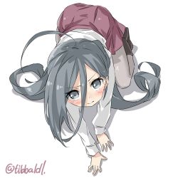 Rule 34 | 10s, 1girl, ahoge, all fours, bad id, bad twitter id, blush, boots, closed mouth, ebifurya, eyebrows, full body, grey eyes, grey hair, grey pantyhose, hair between eyes, highres, huge ahoge, inactive account, kantai collection, kiyoshimo (kancolle), long hair, long sleeves, looking at viewer, pantyhose, purple skirt, shadow, shirt, simple background, skirt, solo, twitter username, white background, white shirt