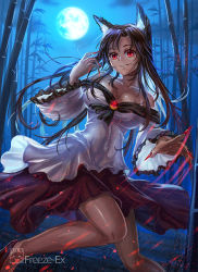 Rule 34 | 1girl, animal ears, artist name, bare legs, bare shoulders, blouse, breasts, brown hair, cleavage, freeze-ex, imaizumi kagerou, large breasts, long hair, looking at viewer, nail polish, off shoulder, open mouth, red eyes, red nails, red skirt, shirt, skirt, smile, solo, teeth, touhou, white shirt, wolf ears