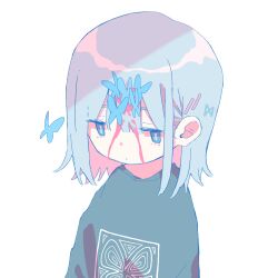 Rule 34 | 1girl, animal print, averting eyes, blood, blood on face, blue eyes, blue hair, blue shirt, bug, butterfly, butterfly print, expressionless, hair ornament, highres, insect, jitome, light blue hair, matabeku, original, pastel colors, shirt, upper body, white background, x hair ornament