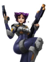 Rule 34 | 1girl, absurdres, armor, armored bodysuit, battle rifle, blue bodysuit, bodysuit, breastplate, breasts, chira (chiaroscuro), dual wielding, from below, green eyes, gun, hair horns, handgun, highres, holding, holding gun, holding weapon, knee pads, konoko, lips, looking at viewer, medium breasts, nose, oni (game), police, police uniform, policewoman, purple hair, revolver, rifle, science fiction, shin guards, short hair, shoulder pads, solo, thigh strap, trigger discipline, uniform, weapon, white background