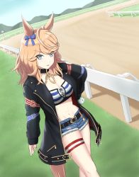 Rule 34 | 1girl, absurdres, animal ears, bandeau, black choker, black jacket, blonde hair, blue bow, blue eyes, blue sky, bow, breasts, choker, cleavage, commentary request, denim, denim shorts, ear bow, feet out of frame, gloves, gold city (umamusume), hand on own hip, highres, horse ears, jacket, long hair, long sleeves, looking at viewer, midori mushi, midriff, navel, outdoors, parted lips, short sleeves, shorts, single glove, sky, smile, solo, standing, stomach, strapless, striped bandeau, tail, thigh strap, thighs, tube top, umamusume, v-shaped eyebrows, white gloves