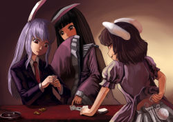 Rule 34 | 3girls, amibazh, animal ears, arm behind back, black hair, bloomers, blunt bangs, brown eyes, card, cheating (relationship), coin, covering own mouth, dice, dress, fine art parody, gradient background, hands in opposite sleeves, highres, houraisan kaguya, inaba tewi, jacket, light purple hair, light smile, lips, long hair, long sleeves, multiple girls, necktie, parody, parted lips, playing card, pointing, rabbit ears, rabbit tail, red eyes, red necktie, reisen udongein inaba, short hair, sideways glance, sideways mouth, simple background, suit jacket, table, tail, the cardsharps (caravagaggio), the cardsharps (caravaggio), touhou, underwear, very long hair