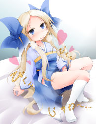 Rule 34 | 1girl, anbee (arary), arm support, asakaze (kancolle), between legs, blonde hair, blue bow, blue eyes, blue kimono, blue skirt, blush, bow, breasts, breath, empty eyes, female focus, female masturbation, full body, hair bow, hakama, hakama short skirt, hakama skirt, hand between legs, happy, heart, highres, japanese clothes, japanese text, kantai collection, kimono, kneehighs, long hair, long sleeves, looking at viewer, masturbation, on bed, open mouth, panties, peeing, peeing self, puddle, side slit, skirt, small breasts, smile, socks, solo, steam, sweat, tears, translation request, underwear, very long hair, wet, wet clothes, white panties, white socks