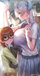 Rule 34 | 2girls, :t, ?, absurdres, ahoge, bad id, bad pixiv id, blue eyes, blush, breast envy, breasts, brown hair, candy, closed mouth, crowd, empty eyes, food, food in mouth, glasses, green eyes, green shirt, grey hair, grey skirt, hair between eyes, height difference, highres, holding, holding candy, holding food, holding lollipop, huge breasts, lollipop, long hair, looking at another, minase alice (yayoi maka), multiple girls, necktie, original, pleated skirt, red necktie, school uniform, shirt, short sleeves, skirt, squiggle, standing, train interior, translation request, twintails, very long hair, white shirt, yayoi maka