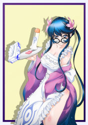Rule 34 | 10s, 1girl, aoki hagane no arpeggio, apron, black hair, breasts, choukai (aoki hagane no arpeggio), cleavage, collarbone, comic, condom, covered erect nipples, flower, frilled apron, frills, glasses, grey eyes, hair flower, hair ornament, japanese clothes, kaname aomame, kimono, large breasts, long hair, long sleeves, looking at viewer, maid, maid apron, open clothes, open kimono, shadow, shiny skin, sidelocks, tissue box, wa maid, wide sleeves, yellow background