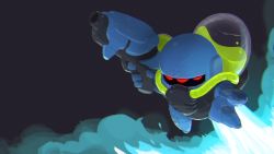 Rule 34 | 1boy, armor, extra eyes, flying, gloves, gun, helmet, jetpack, justin chan, lil&#039; hunter, male focus, negative space, nuclear throne, official art, red eyes, revision, smoke, solo, weapon