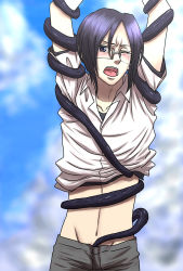 Rule 34 | 1boy, black hair, bleach, glasses, ishida uryuu, male focus, open mouth, outdoors, rape, restrained, sky, solo, tears, tentacles, tentacles on male, tentacles under clothes, undressing, uzume9, you gonna get raped