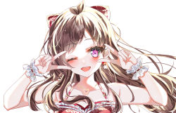 Rule 34 | 1girl, ;d, absurdres, antenna hair, blush, bow, brown hair, double v, earrings, ebimau, floating hair, frilled cuffs, hair bow, heart, heart earrings, heart necklace, highres, idol, idolmaster, idolmaster cinderella girls, idolmaster cinderella girls starlight stage, jewelry, looking at viewer, necklace, one eye closed, open mouth, round teeth, simple background, smile, solo, teeth, tsujino akari, upper body, v, white background, wrist cuffs