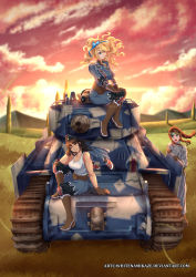 Rule 34 | 3girls, black hair, blonde hair, blue eyes, breasts, brown eyes, brown hair, caterpillar tracks, cloud, commentary, commission, drill hair, english commentary, evening, gloves, grass, grey eyes, hair ribbon, hat, headphones, highres, hill, long hair, medium breasts, military, military hat, military uniform, military vehicle, motor vehicle, multiple girls, original, ribbon, senjou no valkyria, senjou no valkyria (series), senjou no valkyria 1, sitting, smile, sunlight, tank, tank top, tree, twintails, uniform, white namikaze, wind, wind lift