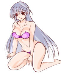 Rule 34 | 1girl, bare arms, bare legs, barefoot, between legs, bikini, breasts, cleavage, collarbone, engo (aquawatery), feet out of frame, grey hair, hair between eyes, hand between legs, kneeling, large breasts, long hair, looking at viewer, lyrical nanoha, mahou shoujo lyrical nanoha strikers, navel, open mouth, pink bikini, red eyes, reinforce, simple background, sketch, solo, straight hair, strapless, strapless bikini, swimsuit, very long hair, white background