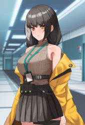 Rule 34 | 1girl, bare shoulders, black hair, black skirt, blush, breasts, closed mouth, commentary request, girls&#039; frontline, heterochromia, indoors, krs (karasu), lanyard, large breasts, long sleeves, looking at viewer, multicolored hair, off shoulder, pleated skirt, red eyes, ro635 (girls&#039; frontline), ro635 (mod3) (girls&#039; frontline), skirt, solo, streaked hair, thigh strap, white hair, yellow eyes