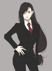 Rule 34 | alternate costume, black hair, black jacket, black pants, breasts, buttons, closed mouth, collared shirt, commentary, cowboy shot, earrings, final fantasy, final fantasy vii, formal, grey background, hair behind ear, hand on own hip, highres, jacket, jewelry, light smile, long hair, looking at viewer, low-tied long hair, medium breasts, necktie, pants, red eyes, red nails, red necktie, shirt, single earring, single sidelock, suit, swept bangs, teardrop earring, tifa lockhart, turks (costume), wan tarowou32, white shirt