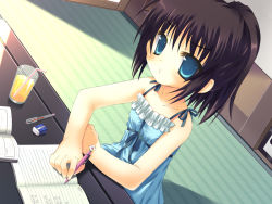 Rule 34 | 1girl, bare shoulders, black hair, blue eyes, bow, brown hair, camisole, dress, drinking straw, eraser, floor, glass, juice, meito (maze), notebook, original, pen, pout, sitting, solo, sunlight, writing
