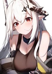 Rule 34 | 1girl, absurdres, arknights, bare shoulders, blush, breasts, brown horns, brown sports bra, cleavage, closed mouth, ear piercing, expressionless, hair between eyes, hair in own mouth, highres, horns, infection monitor (arknights), long hair, looking at viewer, material growth, medium breasts, mudrock (arknights), off shoulder, oripathy lesion (arknights), piercing, pointy ears, red eyes, simple background, solo, sports bra, upper body, white background, white hair, worimehl