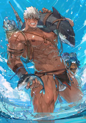 Rule 34 | 1boy, abs, armband, bara, biceps, bodybuilder, eyepatch, facial hair, fish, gauntlets, highres, large pectorals, loincloth, looking at viewer, manly, muscular, muscular male, navel, nikism, nipples, no pants, ocean, octopus, original, pectoral cleavage, pectorals, pointy hair, polearm, rope, scar, scar on arm, scar on face, shark, smile, spear, sunlight, thick arms, thick thighs, thighs, topless, topless male, veins, weapon, wet