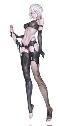 Rule 34 | 1girl, a2 (nier:automata), android, armlet, asymmetrical legwear, black gloves, black nails, black shorts, black tank top, black thighhighs, closed mouth, corrupted twitter file, covered erect nipples, detachable penis, elbow gloves, gloves, grey eyes, highres, iuui, joints, mole, mole under mouth, nail polish, nier:automata, nier (series), robot joints, short hair, shorts, solo, suggestive fluid, tank top, thighhighs, white background, white hair, wire