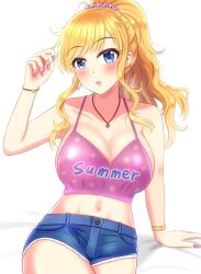 Rule 34 | 1girl, arm support, bare arms, bare shoulders, beads, blue eyes, blush, bracelet, breasts, cleavage, collarbone, cowboy shot, crop top, denim, denim shorts, earrings, genmon, highres, hoop earrings, idolmaster, idolmaster cinderella girls, jewelry, large breasts, looking at viewer, nail polish, navel, necklace, ohtsuki yui, pink nails, pink top, ponytail, shiny skin, shorts, sidelocks, solo