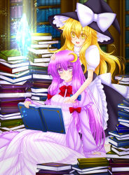 Rule 34 | 2girls, baretto, baretto (firearms 1), blonde hair, book, book stack, bookshelf, crescent, crescent hair ornament, crystal, hair ornament, hair ribbon, hand on another&#039;s head, hat, kirisame marisa, long hair, multiple girls, open book, open mouth, patchouli knowledge, pointing, purple eyes, purple hair, ribbon, touhou, witch hat, yellow eyes