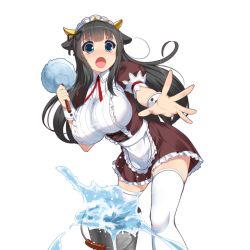 Rule 34 | 1girl, apron, black hair, blue eyes, blunt bangs, blush, breasts, bucket, colored eyelashes, cow horns, cross-laced clothes, duster, eyebrows, foreshortening, frills, hair flaps, hair ribbon, hand up, holding, horns, kusaka souji, lace, large breasts, leaning forward, long hair, looking at viewer, maid, maid apron, maid headdress, miru holstein, official art, outstretched arm, outstretched hand, puffy short sleeves, puffy sleeves, raised eyebrows, ribbon, short sleeves, skirt, solo, spilling, splashing, standing, surprised, tears, thighhighs, transparent background, uchi no hime-sama ga ichiban kawaii, very long hair, waist apron, water, white thighhighs, wrist cuffs, zettai ryouiki