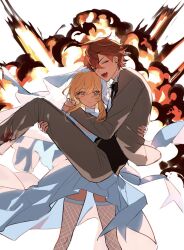 Rule 34 | 1boy, 1girl, blonde hair, bridal gauntlets, bridal veil, carrying, closed mouth, cowboy shot, dress, explosion, fang, formal, genshin impact, highres, lumine (genshin impact), open mouth, princess carry, short hair, simple background, skin fang, suit, tartaglia (genshin impact), umenoume, veil, white background, white dress, yellow eyes