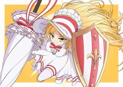 Rule 34 | absurdres, blonde hair, dongman0530, dress, guardian tales, hat, highres, knight lady lapice, long hair, looking at viewer, shield, umbrella, weapon, white dress