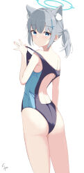Rule 34 | 1girl, animal ear fluff, animal ears, ass, black one-piece swimsuit, blue archive, blue eyes, clothes pull, competition swimsuit, covered navel, cross hair ornament, extra ears, feet out of frame, from behind, grey hair, hair ornament, halo, highres, looking at viewer, looking back, low ponytail, medium hair, mismatched pupils, multicolored clothes, multicolored swimsuit, official alternate costume, one-piece swimsuit, one-piece swimsuit pull, shiroko (blue archive), shiroko (swimsuit) (blue archive), simple background, solo, soyose, standing, swimsuit, white background, wolf ears