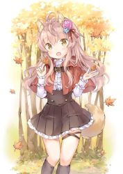Rule 34 | 1girl, :d, ahoge, animal ear fluff, animal ears, autumn, autumn leaves, black socks, blouse, capelet, center frills, commentary, day, fang, flower, forest, frilled skirt, frills, hair flower, hair ornament, kneehighs, long hair, nature, open mouth, original, outdoors, pleated skirt, shirt, skirt, smile, socks, solo, tail, thigh strap, tree, very long hair, wataame27, wavy hair, white shirt, wolf ears, wolf tail, yellow eyes