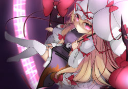 Rule 34 | 1girl, armband, aura, blonde hair, blurry, bow, breasts, crossed legs, depth of field, dress, energy, floating, from above, gap (touhou), garter straps, glowing, glowing eyes, hair bow, hat, hat ribbon, holding, holding umbrella, long hair, long sleeves, looking up, mob cap, no shoes, puffy long sleeves, puffy sleeves, purple background, purple eyes, red eyes, ribbon, ribbon trim, sidelocks, smile, solo, sora miru, tabard, thighhighs, touhou, umbrella, very long hair, white dress, white thighhighs, wide sleeves, yakumo yukari