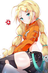 Rule 34 | 1girl, absurdres, black survival, blonde hair, blue eyes, blush, from side, hido (cherryhido), highres, jacket, long hair, looking at viewer, midriff, nicky blake, orange jacket, shiny skin, simple background, tagme, thighhighs, twintails, very long hair, white background