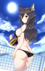 Rule 34 | 1girl, absurdres, alternate costume, animal ears, arm at side, ass, back, ball, bare arms, bare shoulders, bikini, black bikini, black hair, blue sky, blush, brand name imitation, breasts, butt crack, character request, cloud, commentary request, cowboy shot, day, earrings, erune, granblue fantasy, hair between eyes, highres, holding, holding ball, ilsa (granblue fantasy), jewelry, kurigura (sketch san), lens flare, long hair, lowleg, lowleg bikini, medium breasts, mikasa sports, outdoors, red eyes, shiny skin, sideboob, sky, solo, standing, strap gap, sun, sunlight, swimsuit, thighs, volleyball, volleyball (object), volleyball net